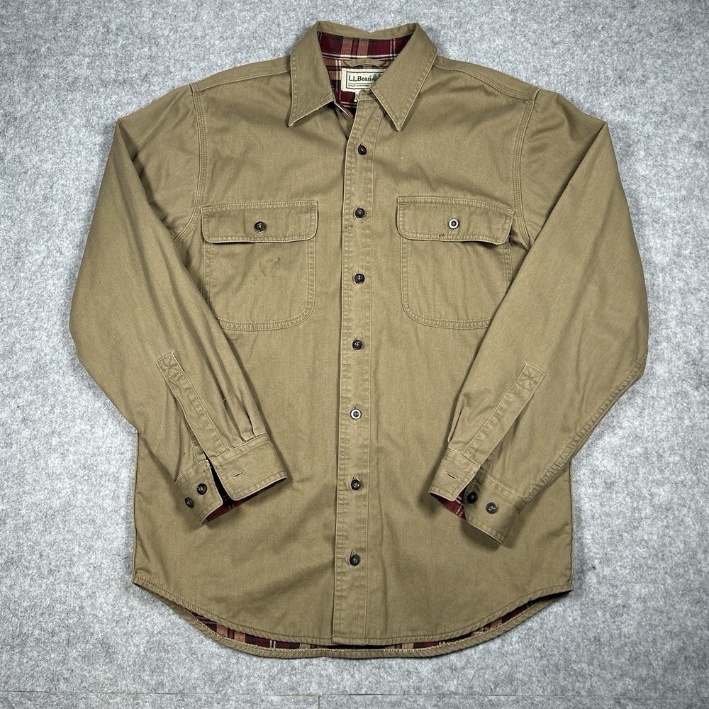 LL Bean Flannel-Lined Hurricane Shirt Jacket Men's S-Reg‎ Button Khaki Taupe